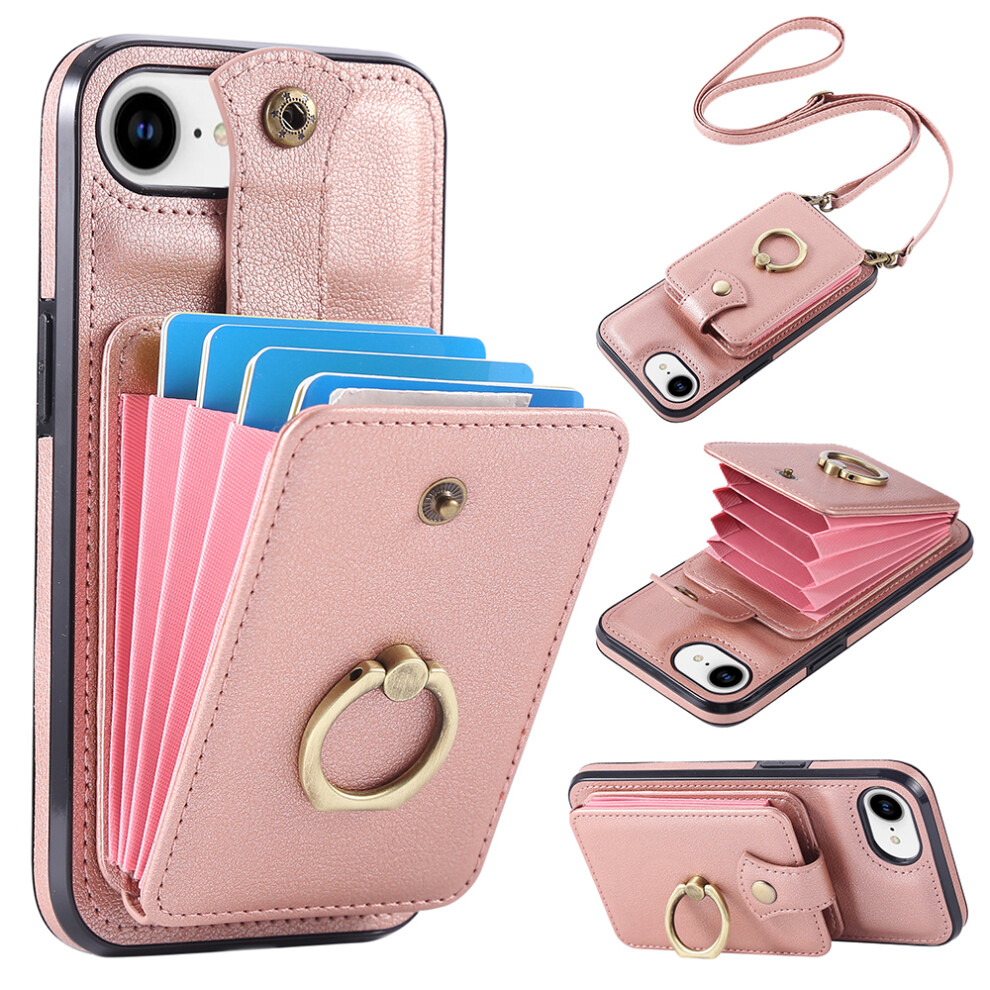(Iphone 16E, Rose ) For Iphone 16E Case Card Holder Ring Kickstand Tpu+Pu Leather Phone Cover With Long Strap Gold 6914281130711