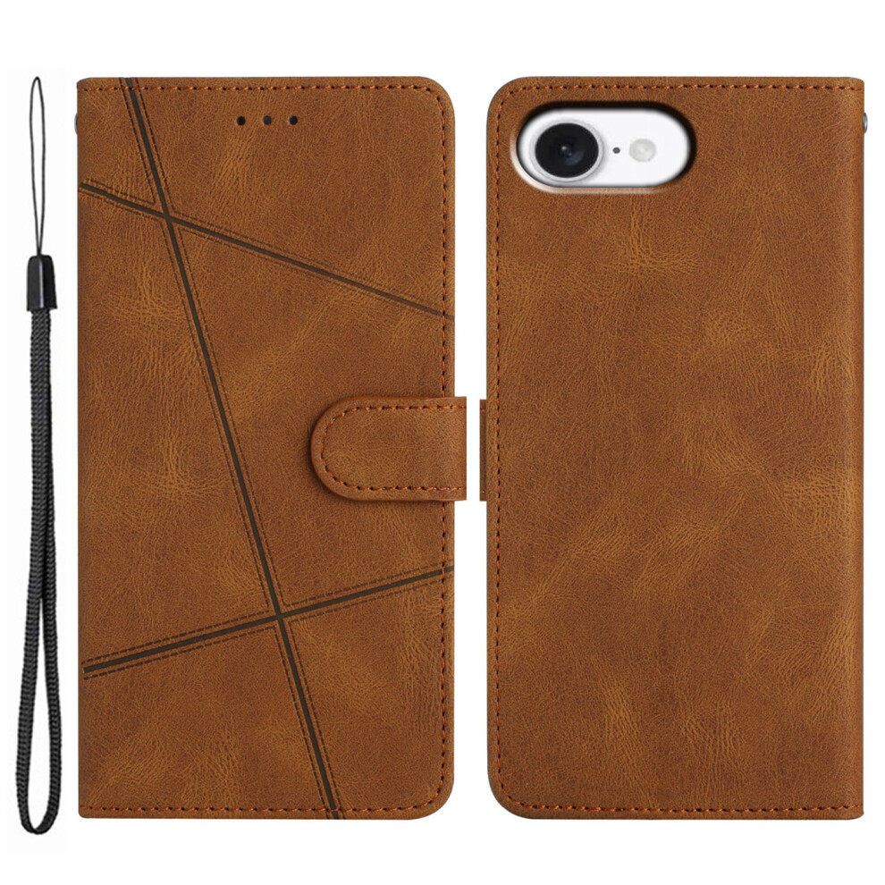 (Iphone 16E, ) For Iphone 16E Wallet Case Line Imprinted Skin-Touch Leather Flip Phone Cover Brown 6914282132554