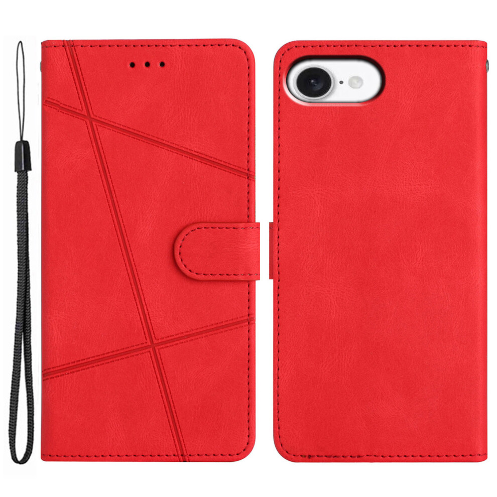 (Iphone 16E, ) For Iphone 16E Wallet Case Line Imprinted Skin-Touch Leather Flip Phone Cover Red 6914286260123