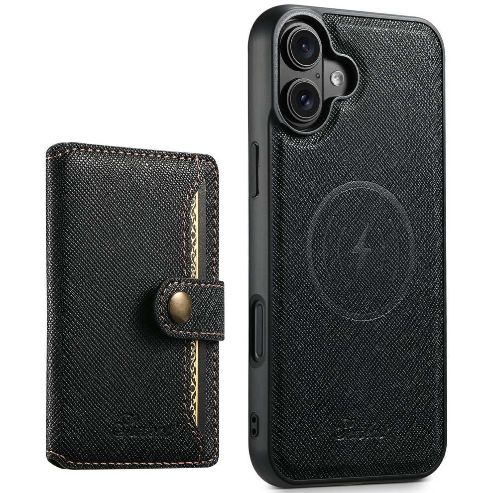 (Iphone 16, ) Suteni H20 For Iphone 16 Magnetic Case Cross Texture Phone Back Cover With Detachable Card Holder Black 6914286685773