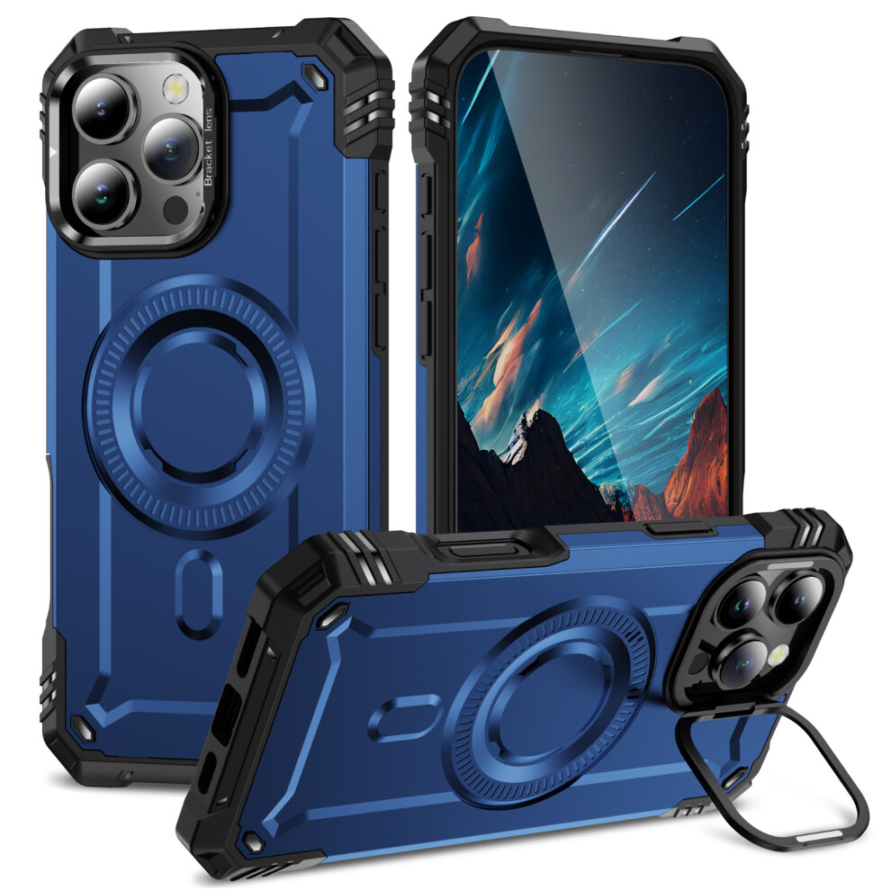 (Iphone 16 Pro Max, ) For Iphone 16 Pro Max Magnetic Case Lens Kickstand Pc+Tpu Shockproof Phone Cover Blue 6914288476195