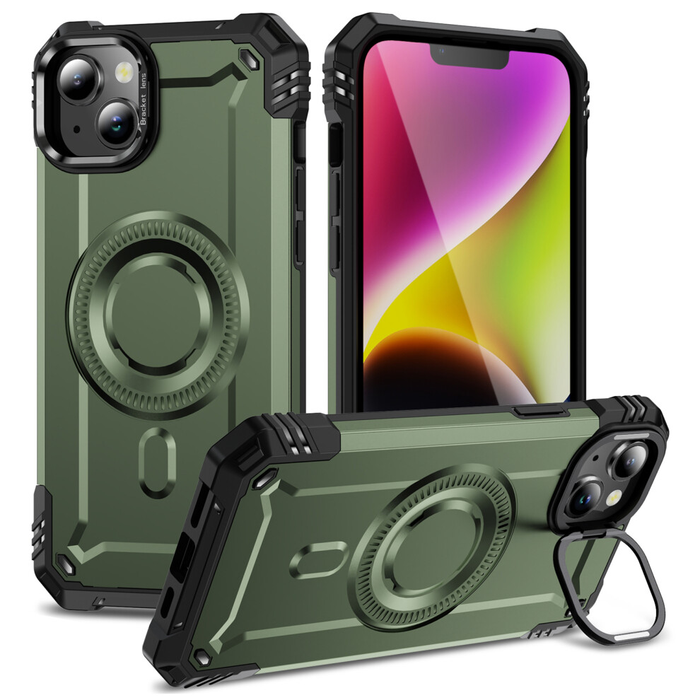 (Iphone 14, Army ) For Iphone 14 Magnetic Case Lens Kickstand Pc+Tpu Shockproof Phone Cover Green 6914286103284