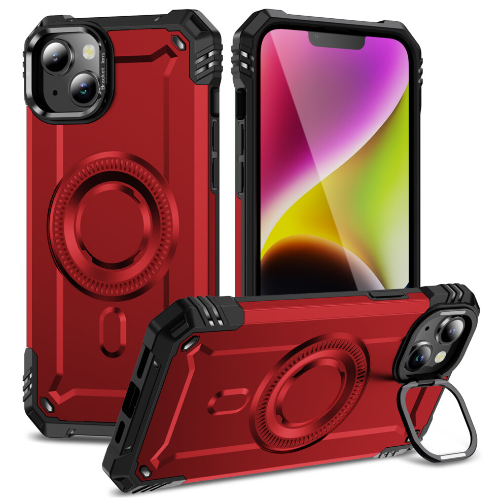 (Iphone 14, ) For Iphone 14 Magnetic Case Lens Kickstand Pc+Tpu Shockproof Phone Cover Red 6914283050260