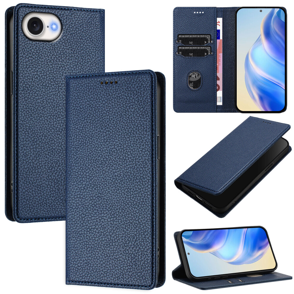 (Iphone 16E, Dark ) For Iphone 16E Wallet Case Rfid Blocking Litchi Texture Leather Mobile Cover Blue 6914283893140