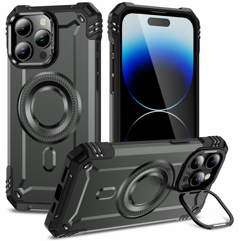 (Iphone 14 Pro Max, ) For Iphone 14 Pro Max Magnetic Case Lens Kickstand Pc+Tpu Shockproof Phone Cover Grey 6914284340513