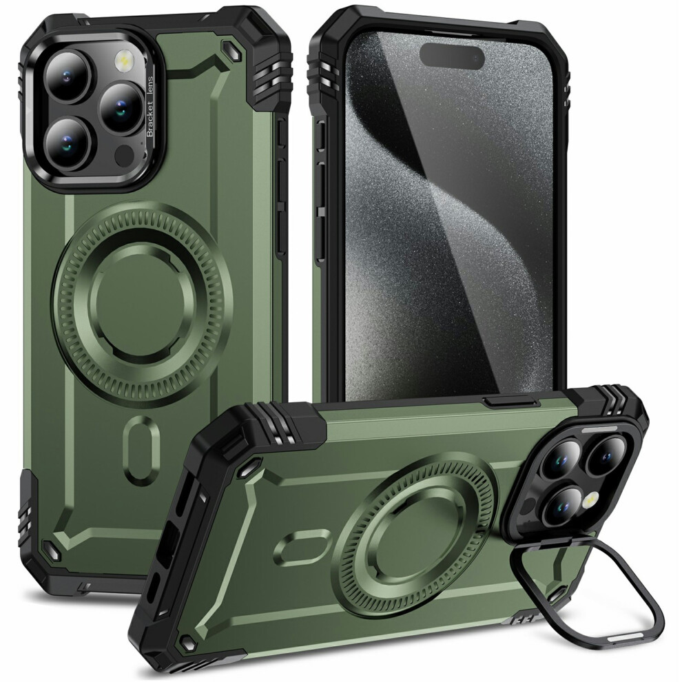 (Iphone 15 Pro, Army ) For Iphone 15 Pro Magnetic Case Lens Kickstand Pc+Tpu Shockproof Phone Cover Green 6914287730281