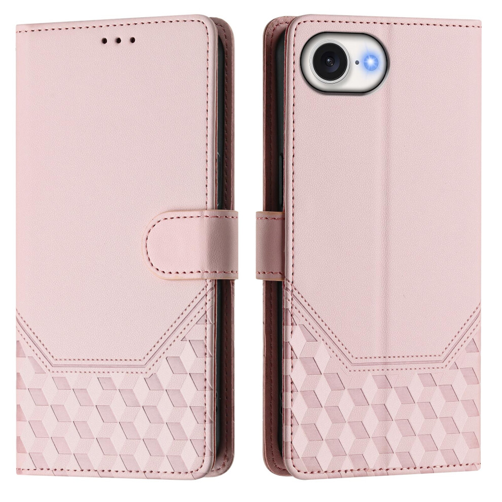 (Iphone 16E, ) For Iphone 16E Case Imprinted Honeycomb Rfid Blocking Leather Phone Cover With Strap Pink 6914289589429