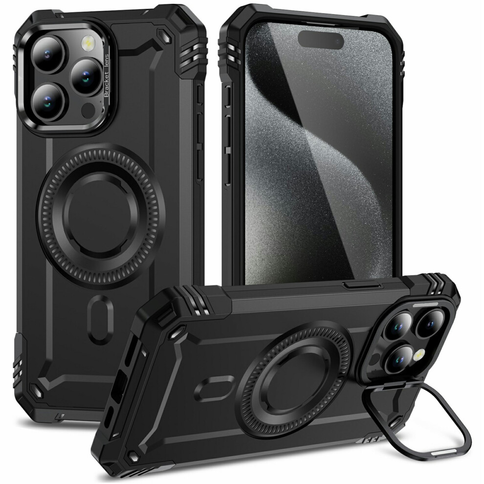(Iphone 15 Pro, ) For Iphone 15 Pro Magnetic Case Lens Kickstand Pc+Tpu Shockproof Phone Cover Black 6914289008357