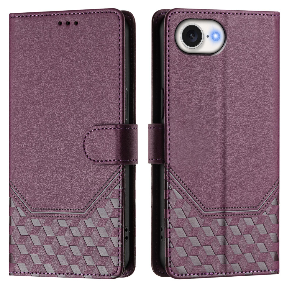 (Iphone 16E, Dark ) For Iphone 16E Case Imprinted Honeycomb Rfid Blocking Leather Phone Cover With Strap Purple 6914286890856