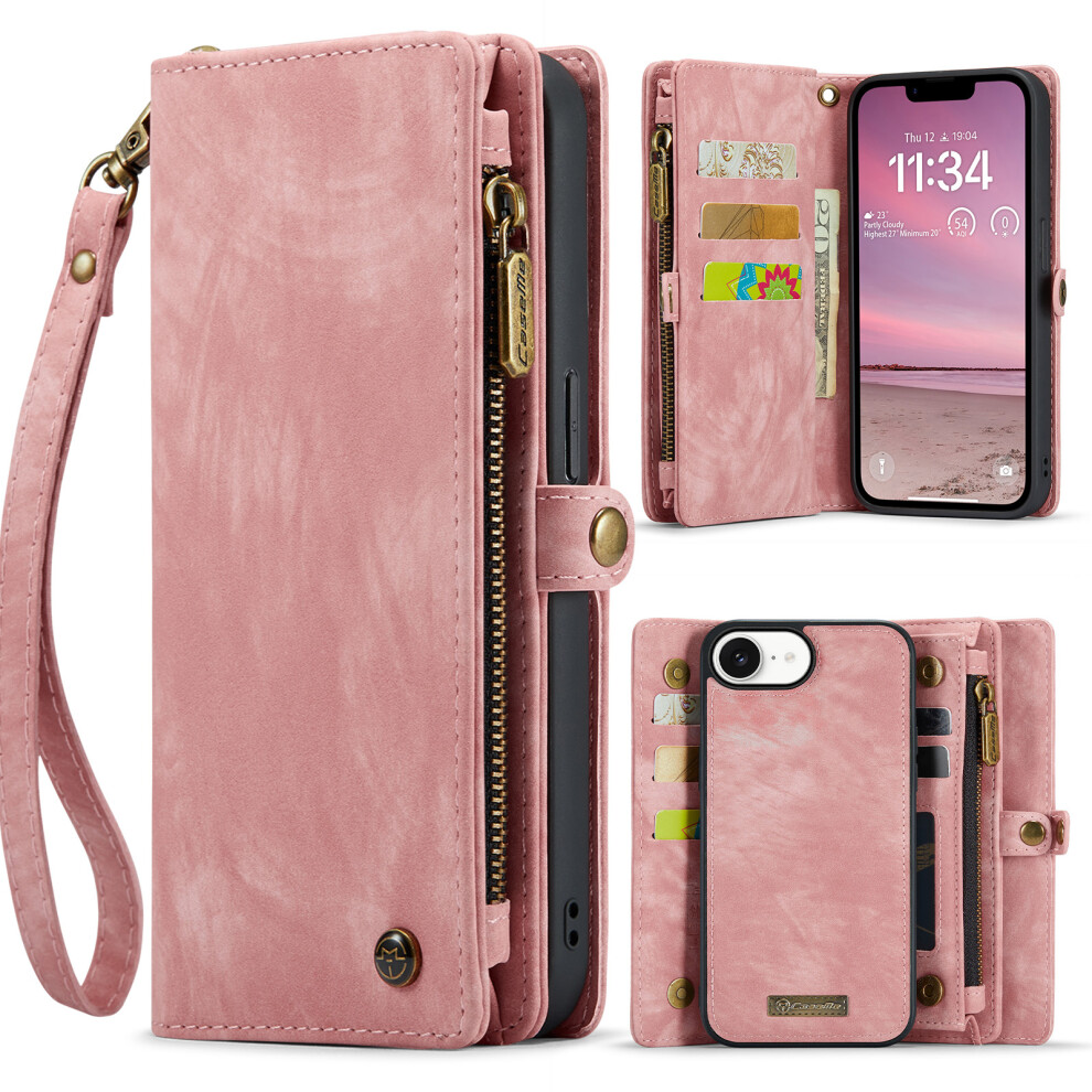 (Iphone 16E, ) For Iphone 16E Phone Cases Caseme 008 Leather Cover With Detachable Wallet And Strap Pink 6914281968833
