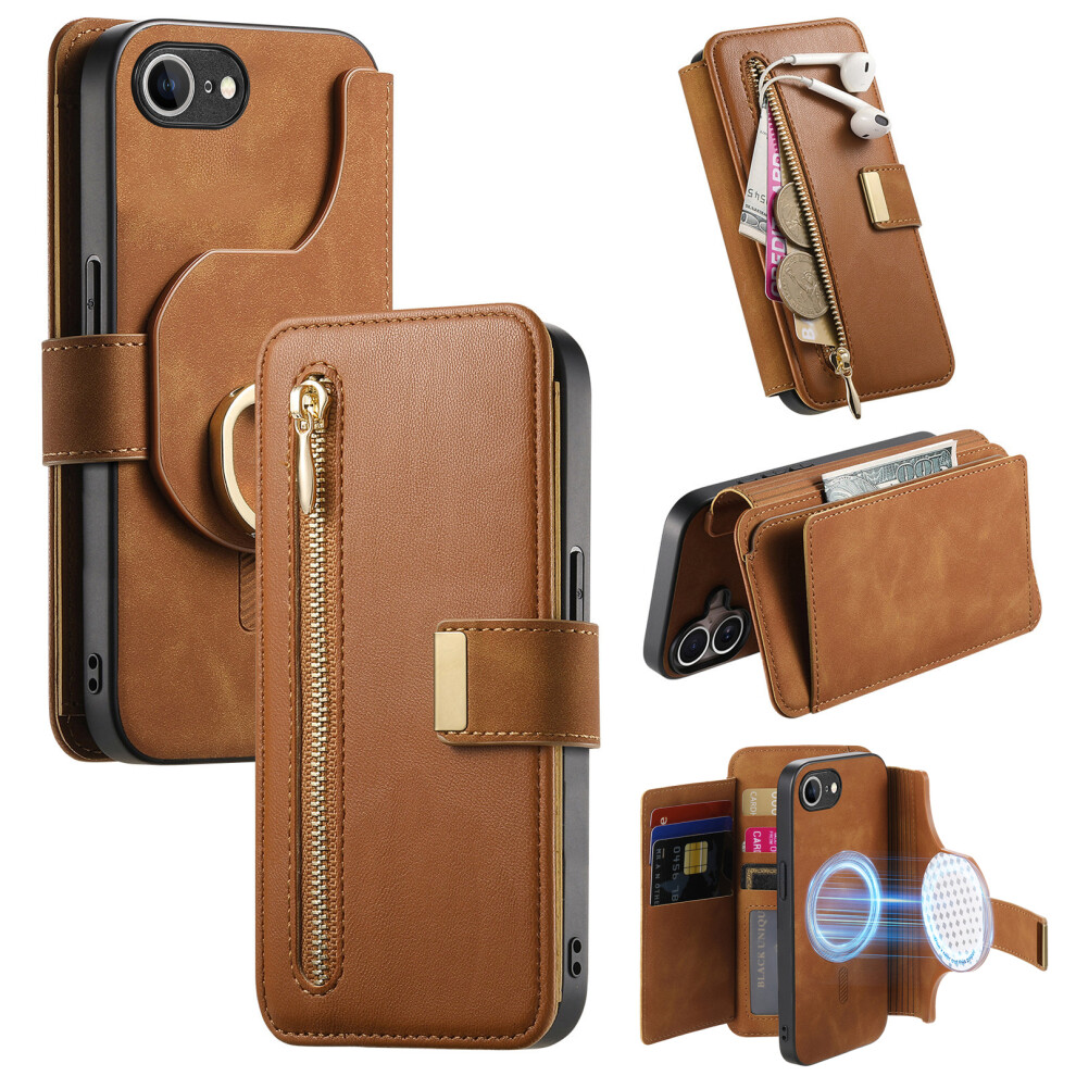 (Iphone 16E, ) For Iphone 16E Magnetic Leather Case With Detachable Rfid Blocking Zipper Wallet Cover Brown 6914288319317