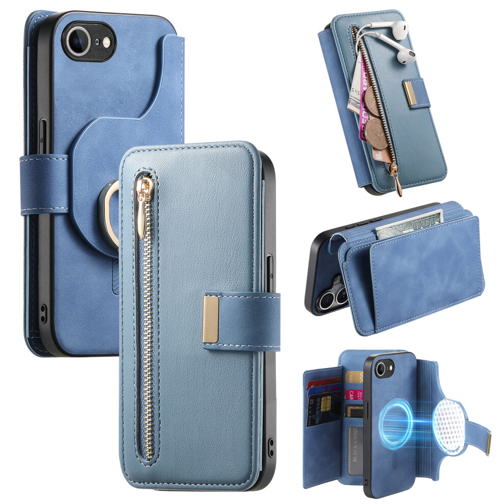(Iphone 16E, ) For Iphone 16E Magnetic Leather Case With Detachable Rfid Blocking Zipper Wallet Cover Blue 6914280188010