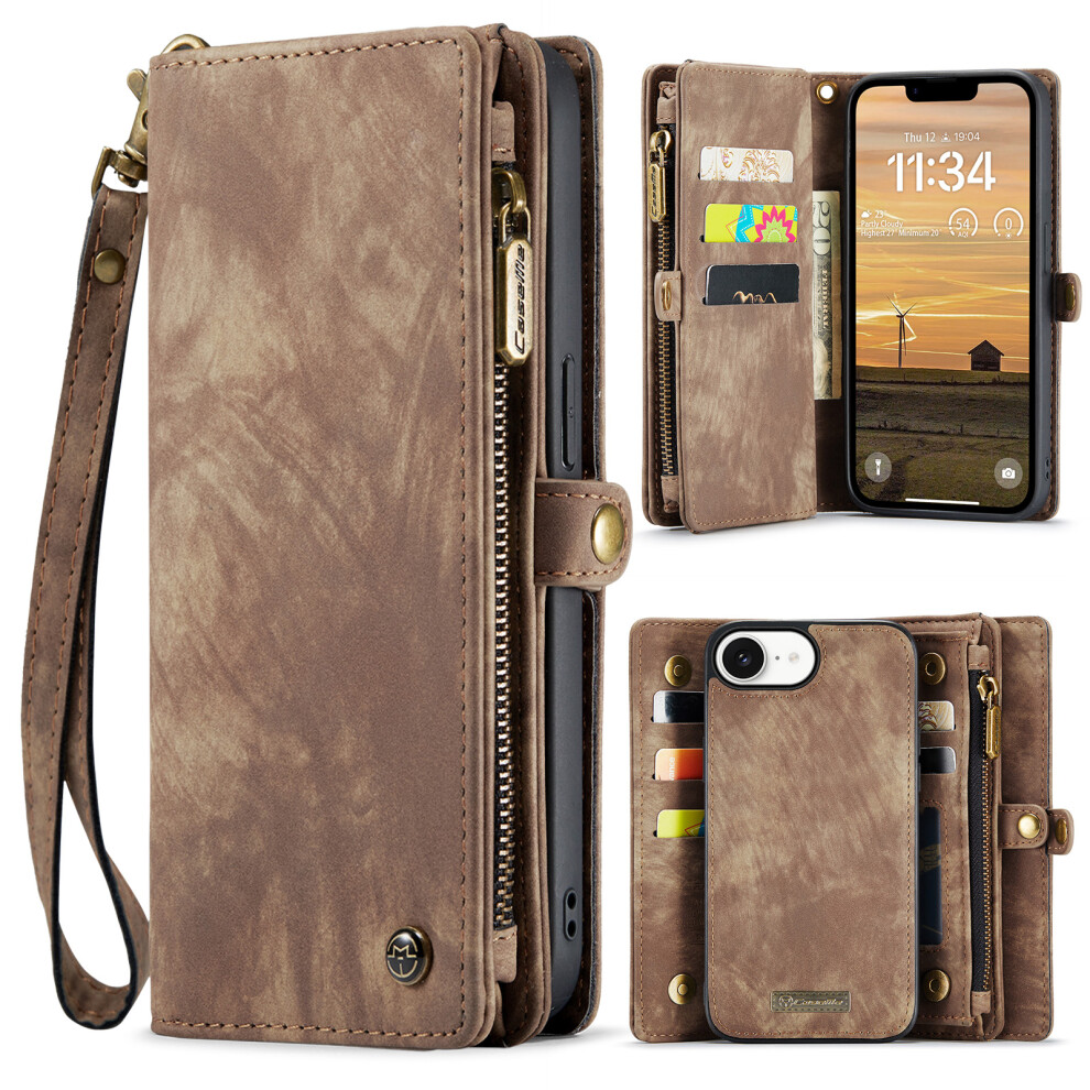 (Iphone 16E, ) For Iphone 16E Phone Cases Caseme 008 Leather Cover With Detachable Wallet And Strap Brown 6914288050425