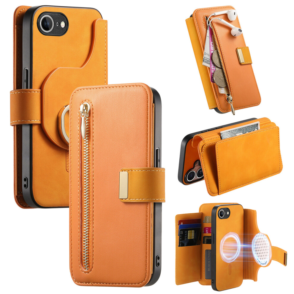 (Iphone 16E, ) For Iphone 16E Magnetic Leather Case With Detachable Rfid Blocking Zipper Wallet Cover Yellow 6914287002654