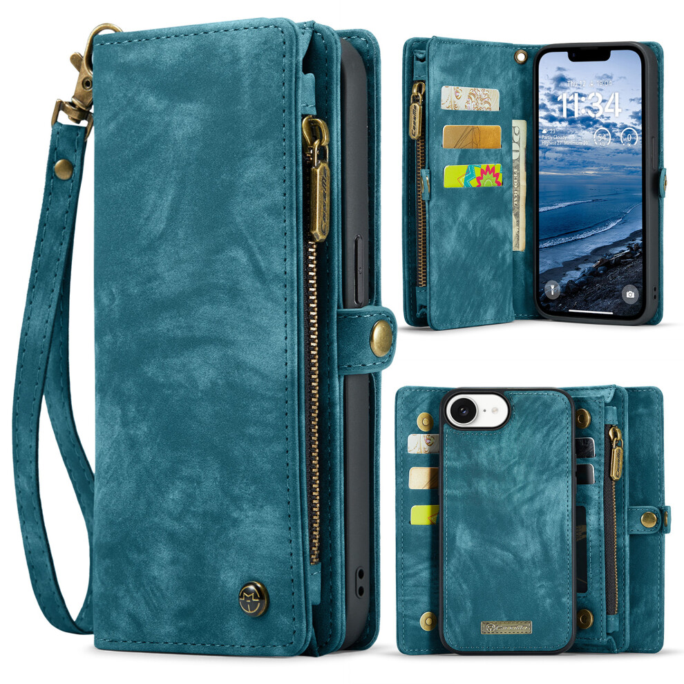 (Iphone 16E, ) For Iphone 16E Phone Cases Caseme 008 Leather Cover With Detachable Wallet And Strap Blue 6914284722197