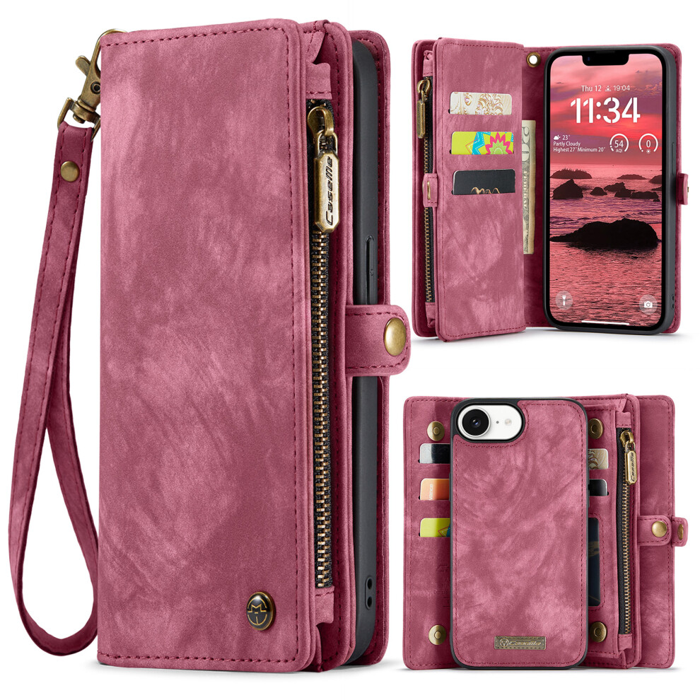 (Iphone 16E, ) For Iphone 16E Phone Cases Caseme 008 Leather Cover With Detachable Wallet And Strap Red 6914282770343