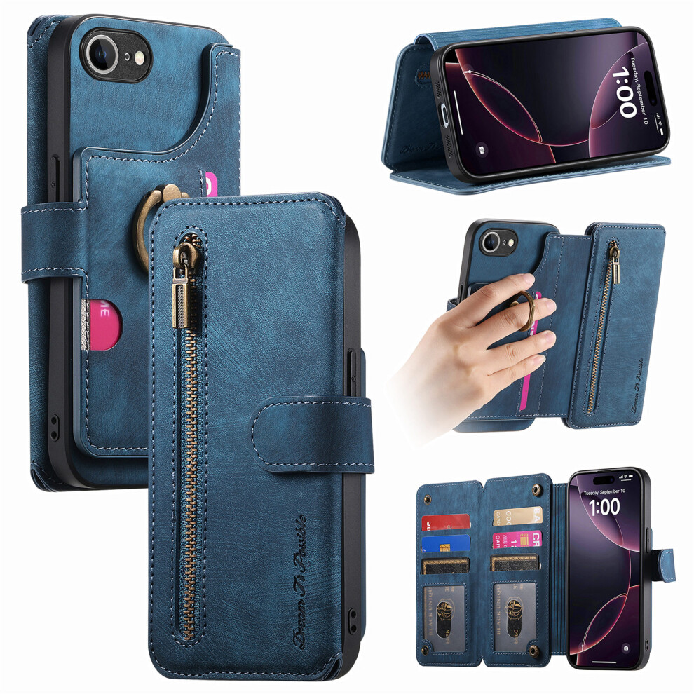 (Iphone 16E, ) For Iphone 16E Leather Phone Back Cover With Rfid Blocking Zipper Wallet Kickstand Blue 6914283410439