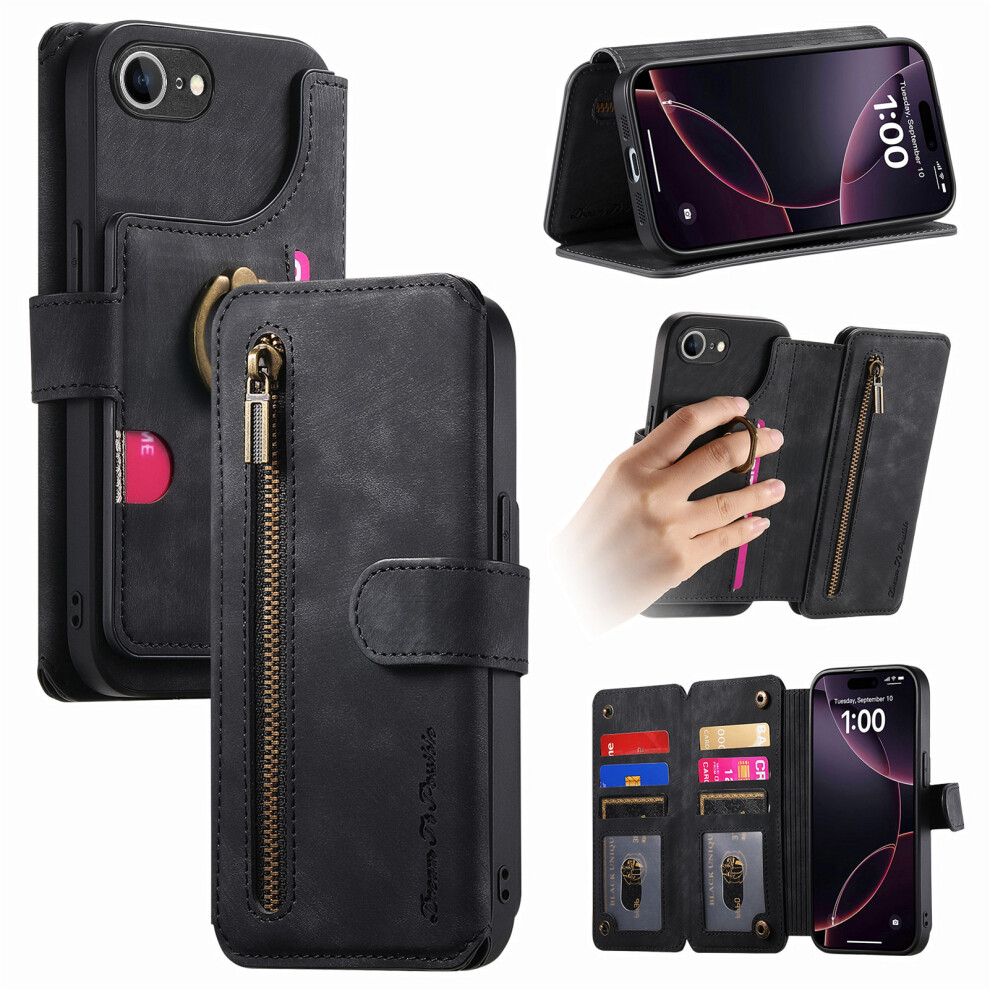 (Iphone 16E, ) For Iphone 16E Leather Phone Back Cover With Rfid Blocking Zipper Wallet Kickstand Black 6914287322462