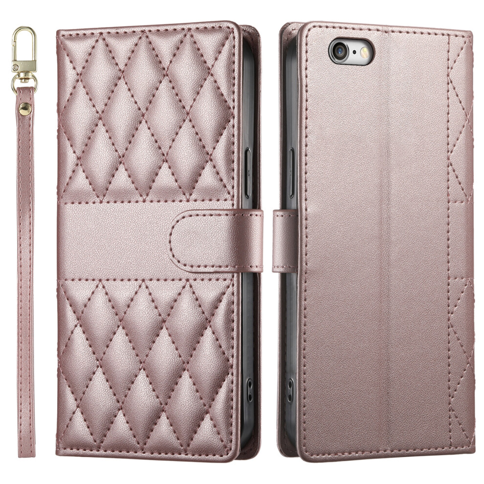 (Iphone 16E, Rose ) For Iphone 16E Case Rhombus Stitching Wallet Stand Leather Phone Cover With Long/Short Strap Gold 6914284443474