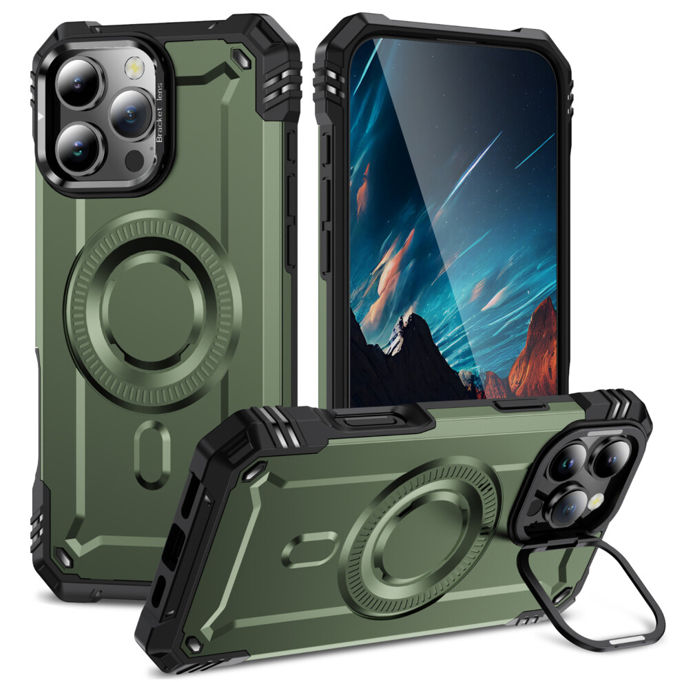 (Iphone 16 Pro, Army ) For Iphone 16 Pro Magnetic Case Lens Kickstand Pc+Tpu Shockproof Phone Cover Green 6914283991846