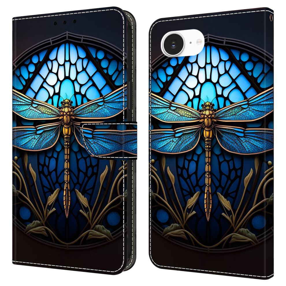 (Iphone 16E, Dragonfly) For Iphone 16E Case With Card Slot Pattern Printed Tpu+Pu Leather Flip Phone Cover Blue 6914284012601