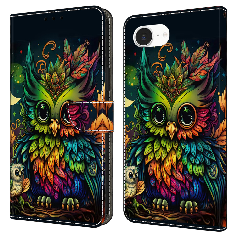 (Iphone 16E, Colorful Owl) For Iphone 16E Case With Card Slot Pattern Printed Tpu+Pu Leather Flip Phone Cover 6914287350717