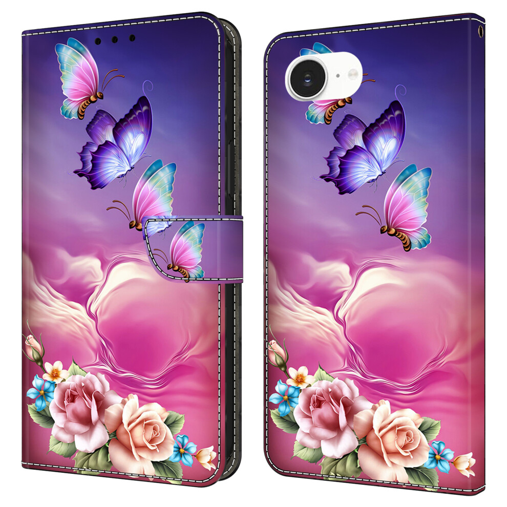 (Iphone 16E, Butterfly Flower) For Iphone 16E Case With Card Slot Pattern Printed Tpu+Pu Leather Flip Phone Cover 6914281590157