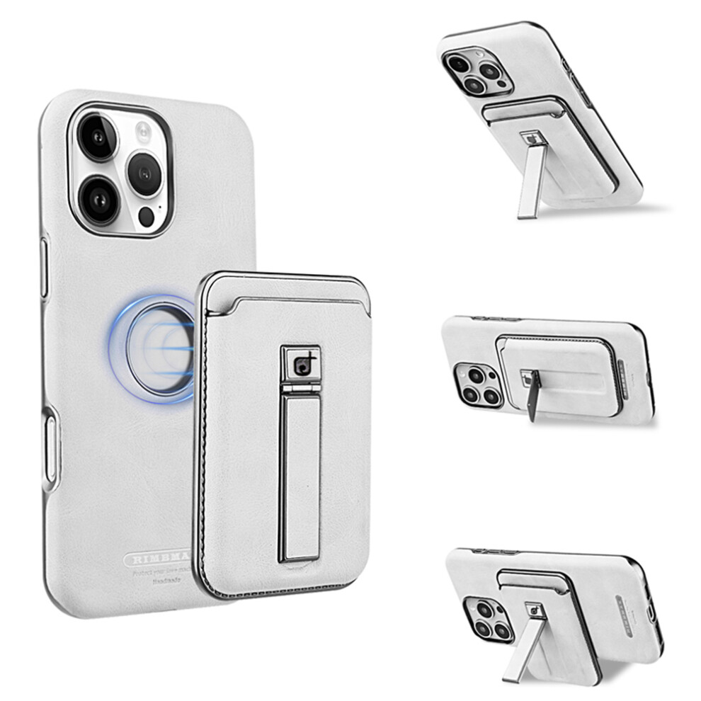 (Iphone 16 Pro, ) For Iphone 16 Pro Case With Card Holder Kickstand Leather Texture Pc Matte Phone Cover Electroplated Grey 6914281572184