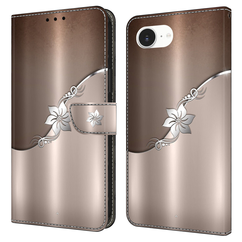 (Iphone 16E, Flower) For Iphone 16E Case Magnetic Clasp 3D Pattern Leather Wallet Phone Cover Silver 6914288977715