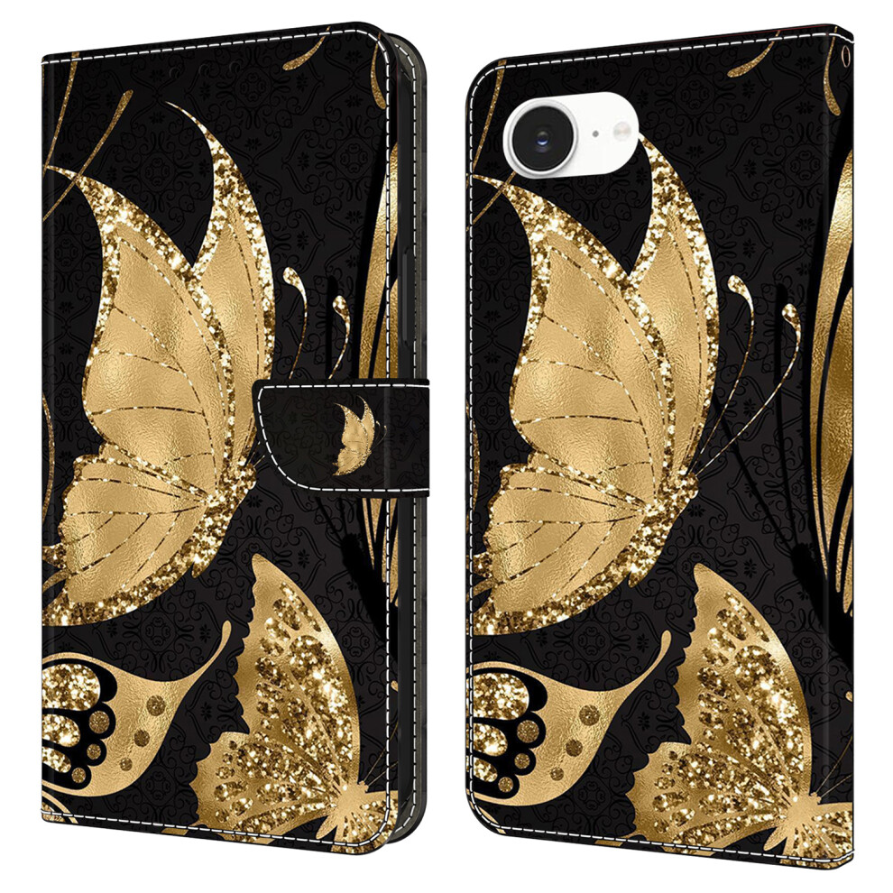 (Iphone 16E, Butterfly) For Iphone 16E Case Magnetic Clasp 3D Pattern Leather Wallet Phone Cover Golden 6914285083754
