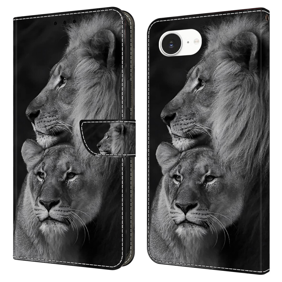 (Iphone 16E, Couple Lions) For Iphone 16E Case Magnetic Clasp 3D Pattern Leather Wallet Phone Cover 6914284306151