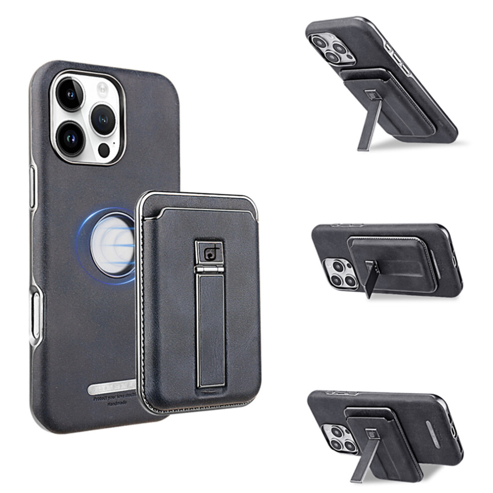 (Iphone 16 Pro Max, ) For Iphone 16 Pro Max Case With Card Holder Kickstand Leather Texture Pc Matte Phone Cover Electroplated Blue 6914282378792
