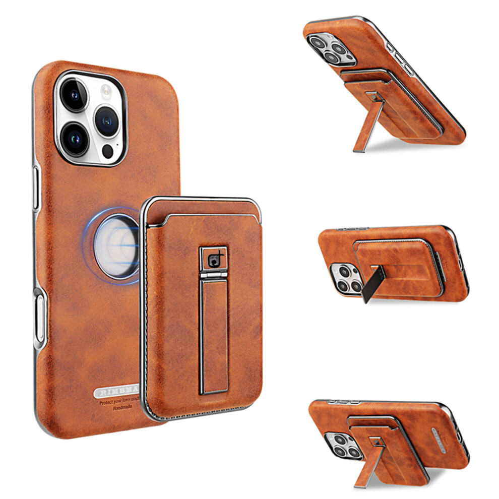 (Iphone 16 Pro Max, ) For Iphone 16 Pro Max Case With Card Holder Kickstand Leather Texture Pc Matte Phone Cover Electroplated Brown 6914280608631