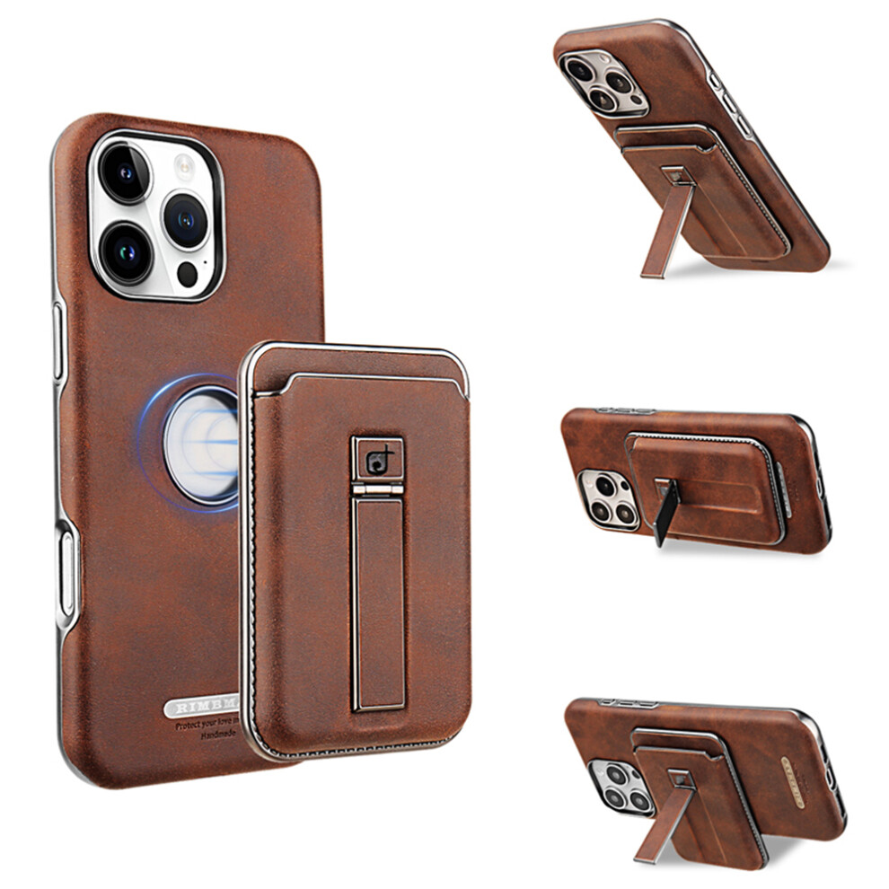 (Iphone 16 Pro Max, Dark ) For Iphone 16 Pro Max Case With Card Holder Kickstand Leather Texture Pc Matte Phone Cover Electroplated Brown 6914284196684