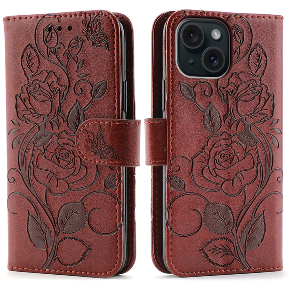 (Iphone 15, ) For Iphone 15 Case Wallet Stand Imprinted Rose Butterfly Pu Leather Phone Cover Brown 6914282088196