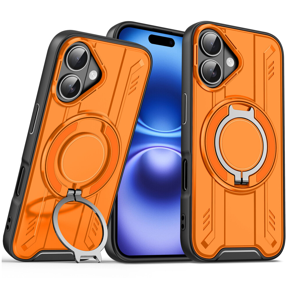 (Iphone 16, ) For Iphone 16 Case Compatible With Magsafe Rotating Ring Kickstand Pc+Tpu Shockproof Phone Cover Orange 6914285093463