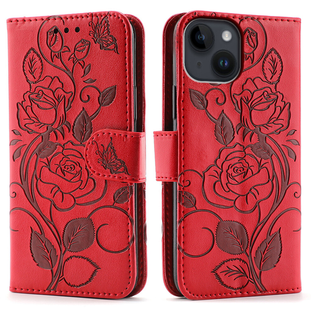 (Iphone 14, ) For Iphone 14 Case Wallet Stand Imprinted Rose Butterfly Pu Leather Phone Cover Red 6914281509067