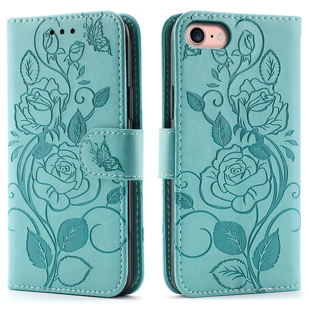 (Iphone 16E, ) For Iphone 16E Case Wallet Stand Imprinted Rose Butterfly Pu Leather Phone Cover Green 6914285471476