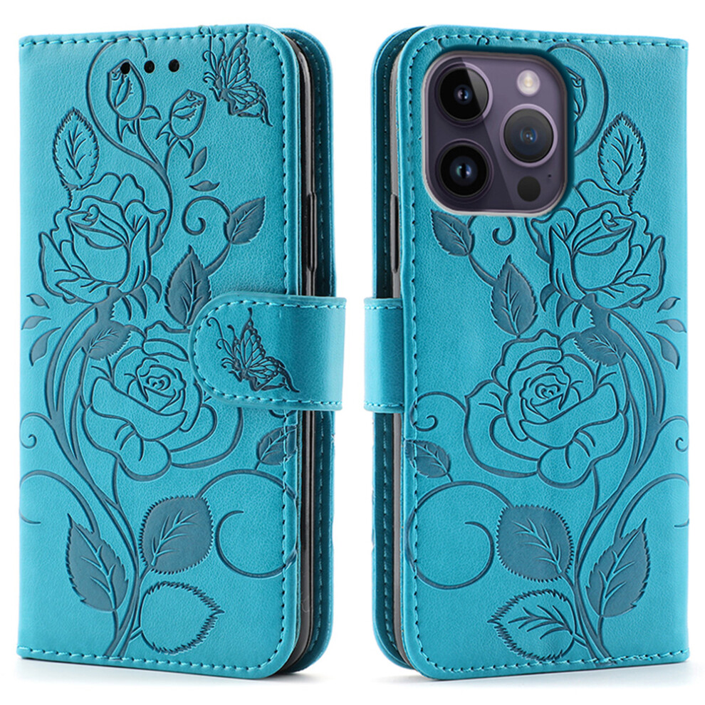 (Iphone 14 Pro Max, ) For Iphone 14 Pro Max Case Wallet Stand Imprinted Rose Butterfly Pu Leather Phone Cover Blue 6914281146620