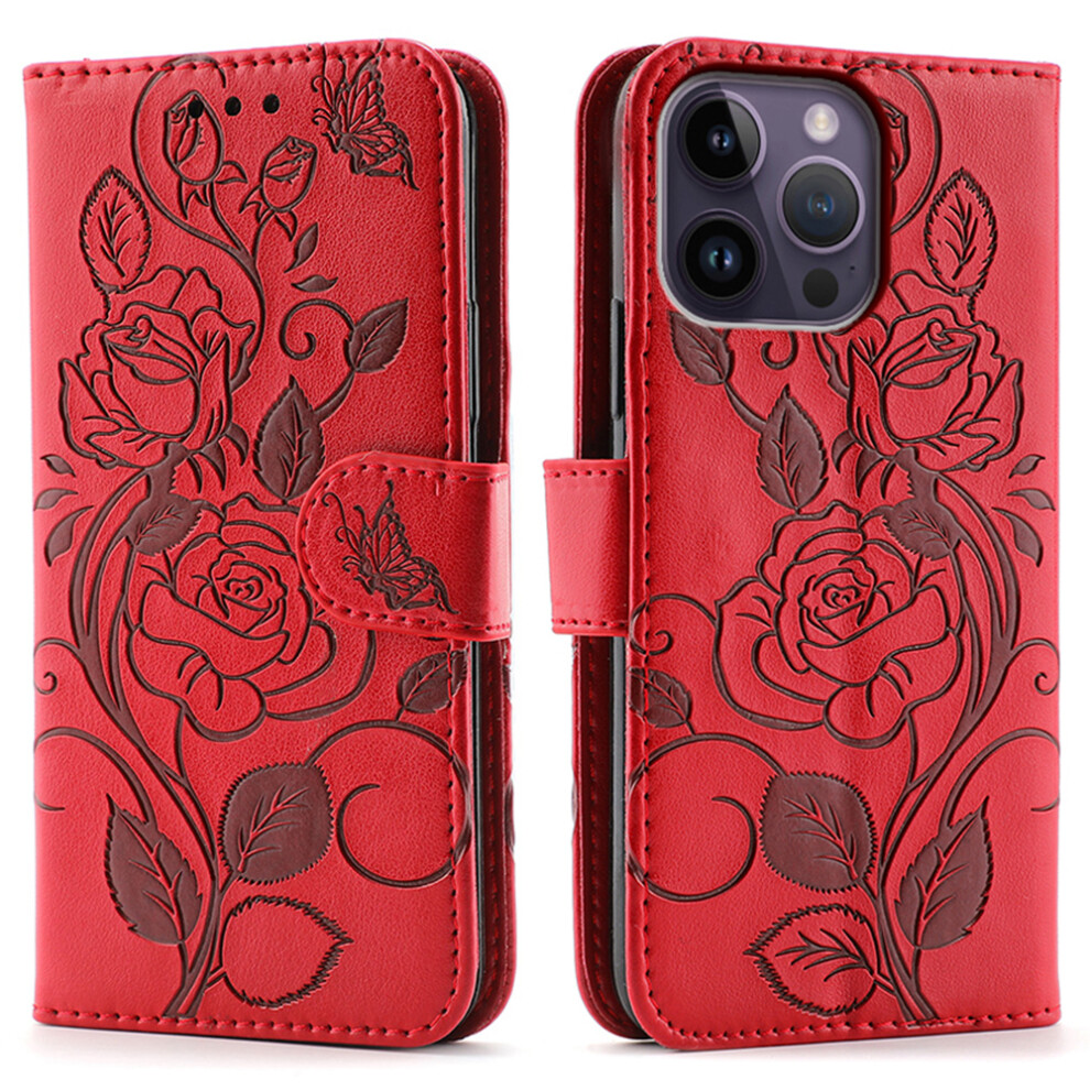 (Iphone 14 Pro Max, ) For Iphone 14 Pro Max Case Wallet Stand Imprinted Rose Butterfly Pu Leather Phone Cover Red 6914282406808