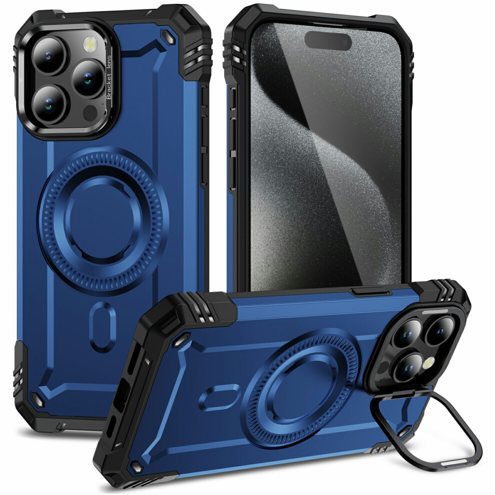 (Iphone 15 Pro Max, ) For Iphone 15 Pro Max Magnetic Case Lens Kickstand Pc+Tpu Shockproof Phone Cover Blue 6914287372153