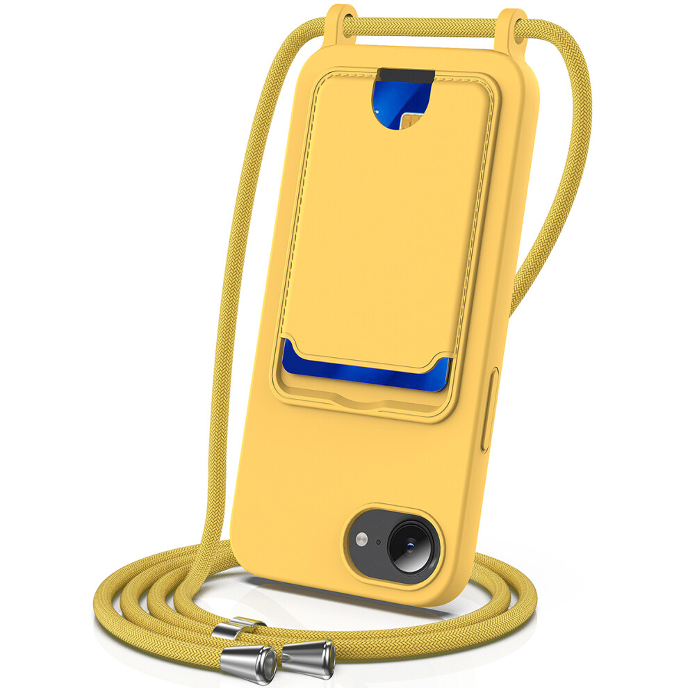 (Iphone 16E, ) For Iphone 16E Case Liquid Silicone Card Holder Back Phone Cover With Lanyard Yellow 6914280552453