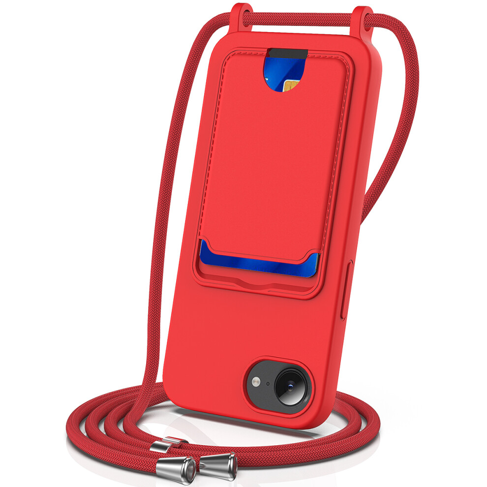 (Iphone 16E, ) For Iphone 16E Case Liquid Silicone Card Holder Back Phone Cover With Lanyard Red 6914286156822