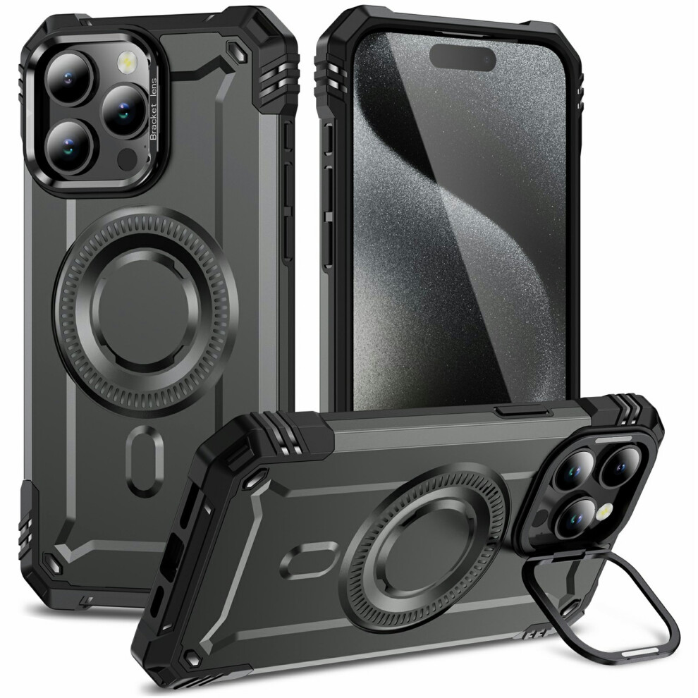(Iphone 15 Pro Max, ) For Iphone 15 Pro Max Magnetic Case Lens Kickstand Pc+Tpu Shockproof Phone Cover Grey 6914280960203