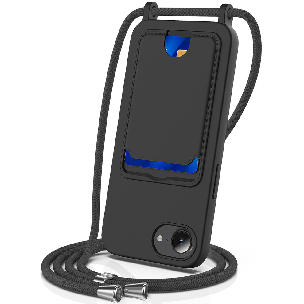 (Iphone 16E, ) For Iphone 16E Case Liquid Silicone Card Holder Back Phone Cover With Lanyard Black 6914287116603