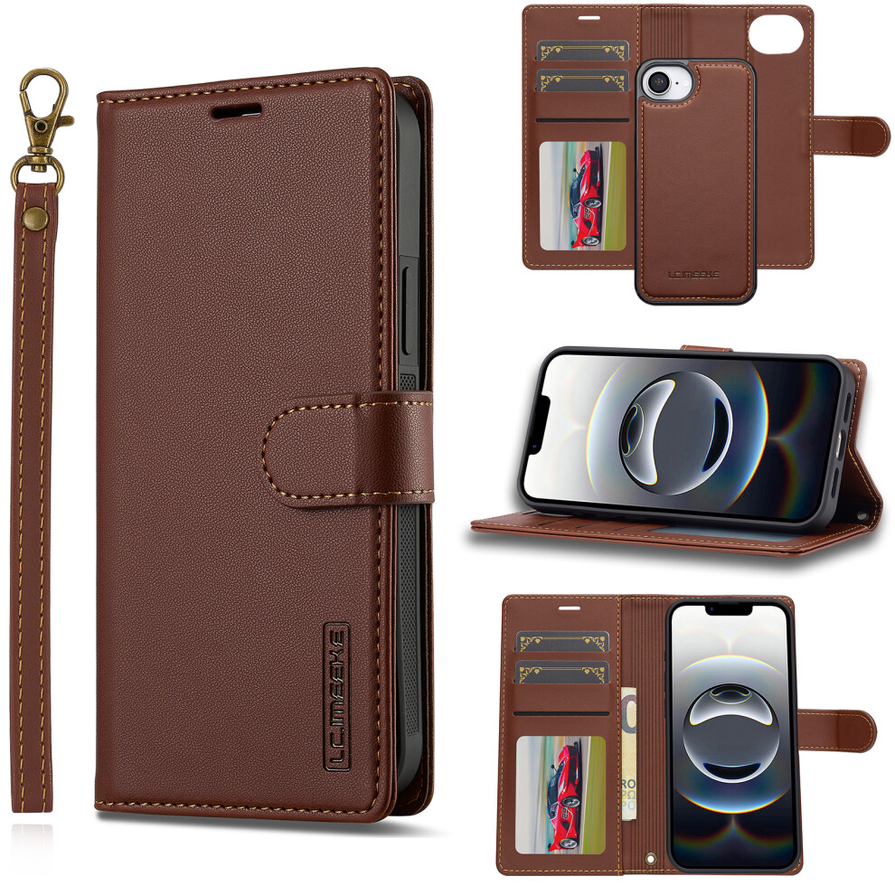 (Iphone 16E, ) Lc.imeeke L2 Series For Iphone 16E Case Pu Leather Wallet Detachable Magnetic Phone Cover Brown 6914282116110