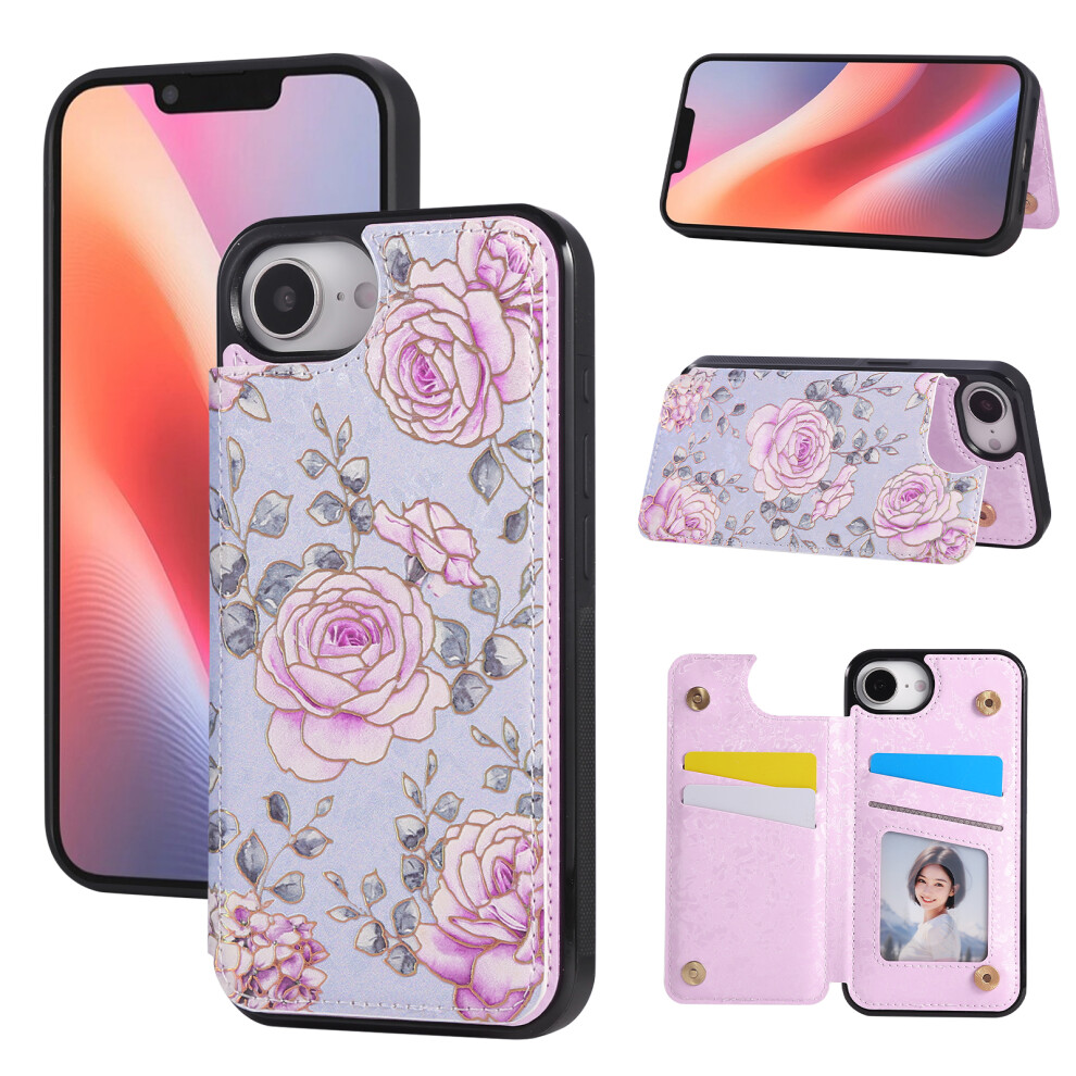 (Iphone 16E, Rose) For Iphone 16E Case Flower Leather Tpu Rfid Blocking Phone Cover Card Slots 6914282984269