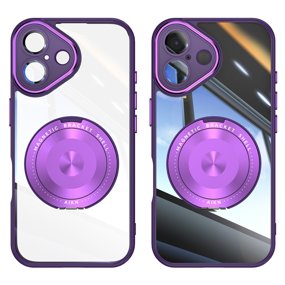 (Iphone 16, Dark ) For Iphone 16 Magnetic Case Pc+Tpu Phone Cover With Rotating Metal Kickstand,Lens Protector Purple 6914285665318