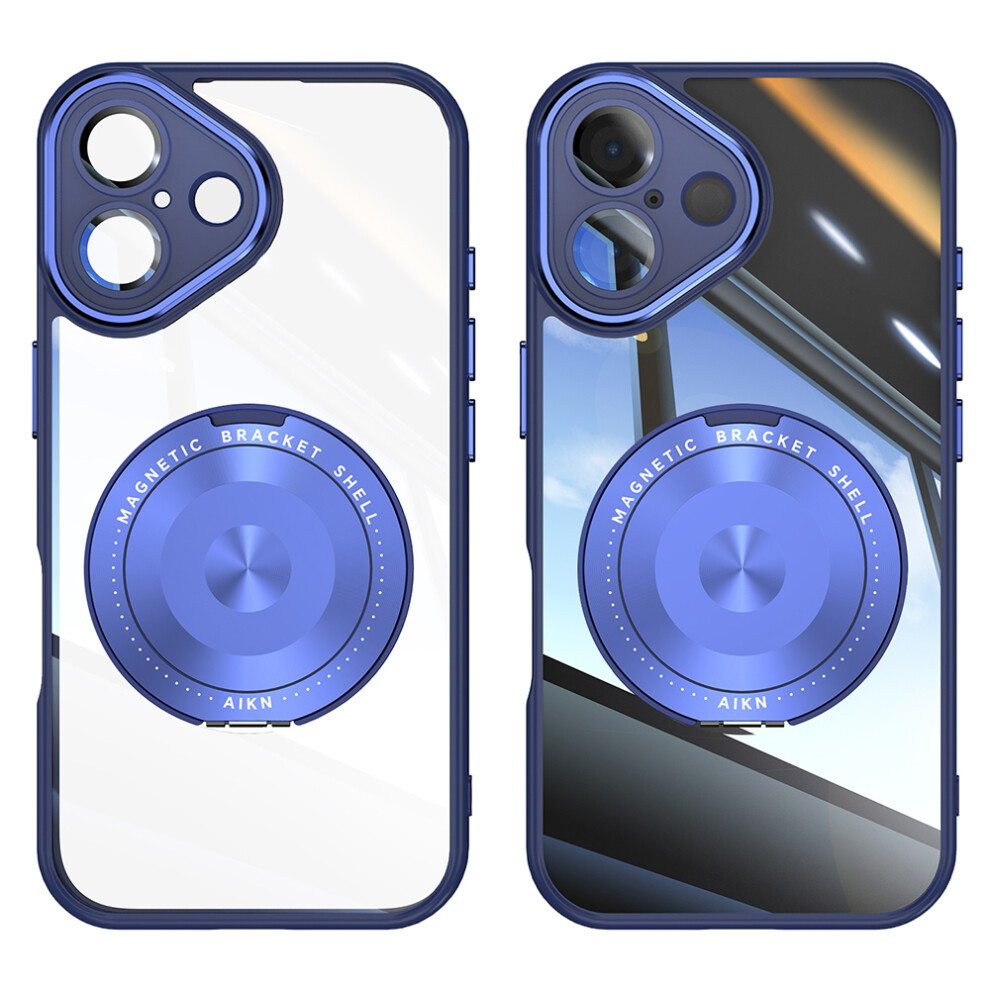 (Iphone 16, ) For Iphone 16 Magnetic Case Pc+Tpu Phone Cover With Rotating Metal Kickstand,Lens Protector Blue 6914281501733