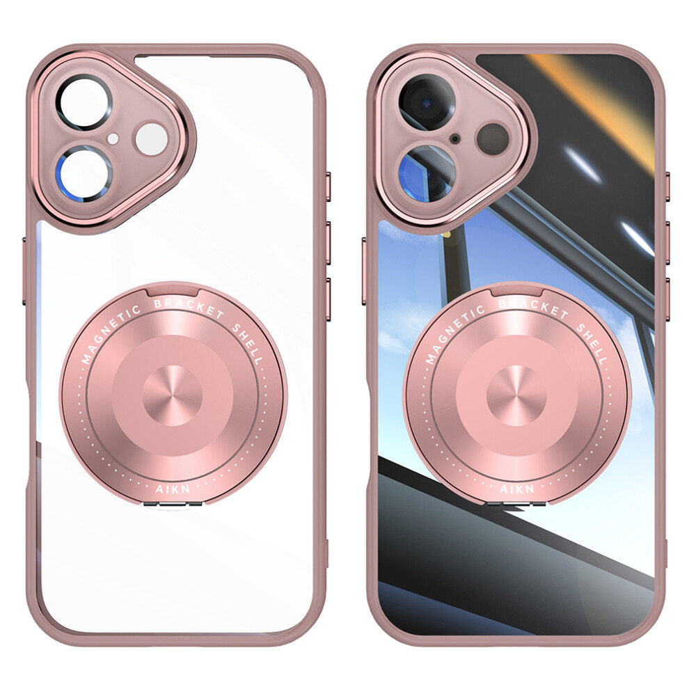 (Iphone 16, ) For Iphone 16 Magnetic Case Pc+Tpu Phone Cover With Rotating Metal Kickstand,Lens Protector Pink 6914289354980